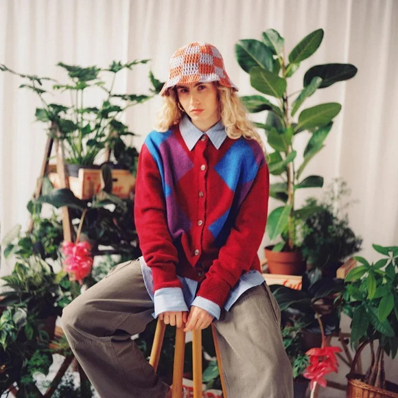 Zara Argyle Knit Button Cardigan Sweater Red Blue Size  Small - Picture 2 of 8